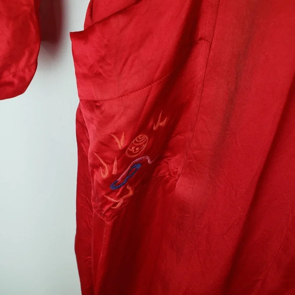 Vintage Pearls Red Silk Dragon Embroidered Long Robe Unisex Medium